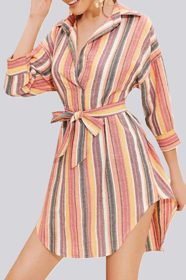 Casual Striped Split Joint Turndown Collar A Line Dresses