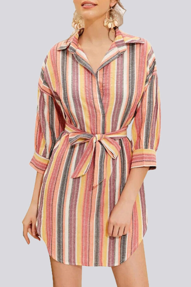 Casual Striped Split Joint Turndown Collar A Line Dresses