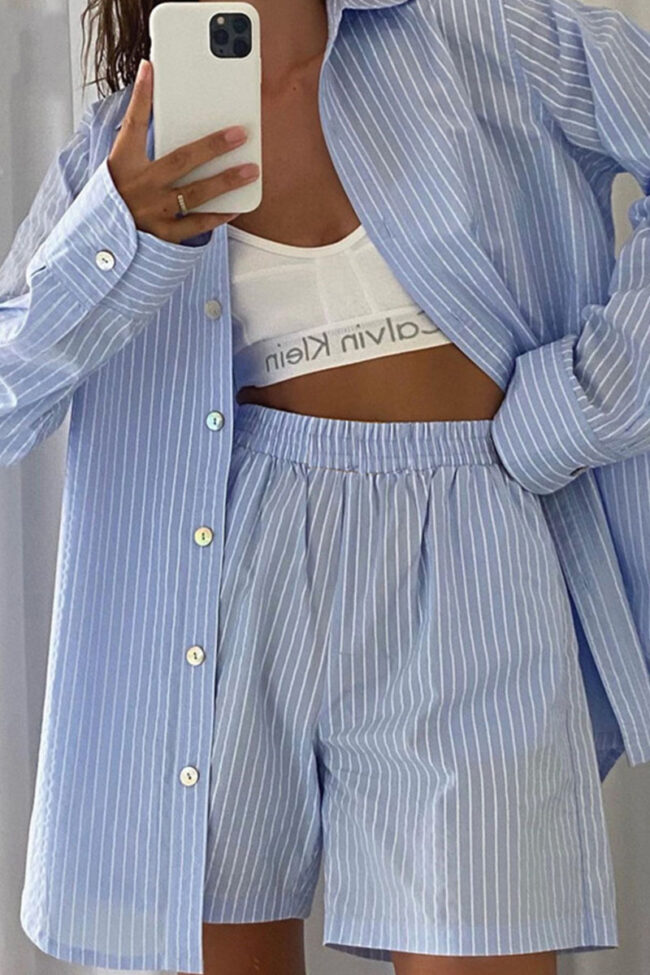 Striped Split Joint Turndown Collar Long Sleeve Two Pieces