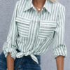 Fashion Casual Striped Split Joint Turndown Collar Tops