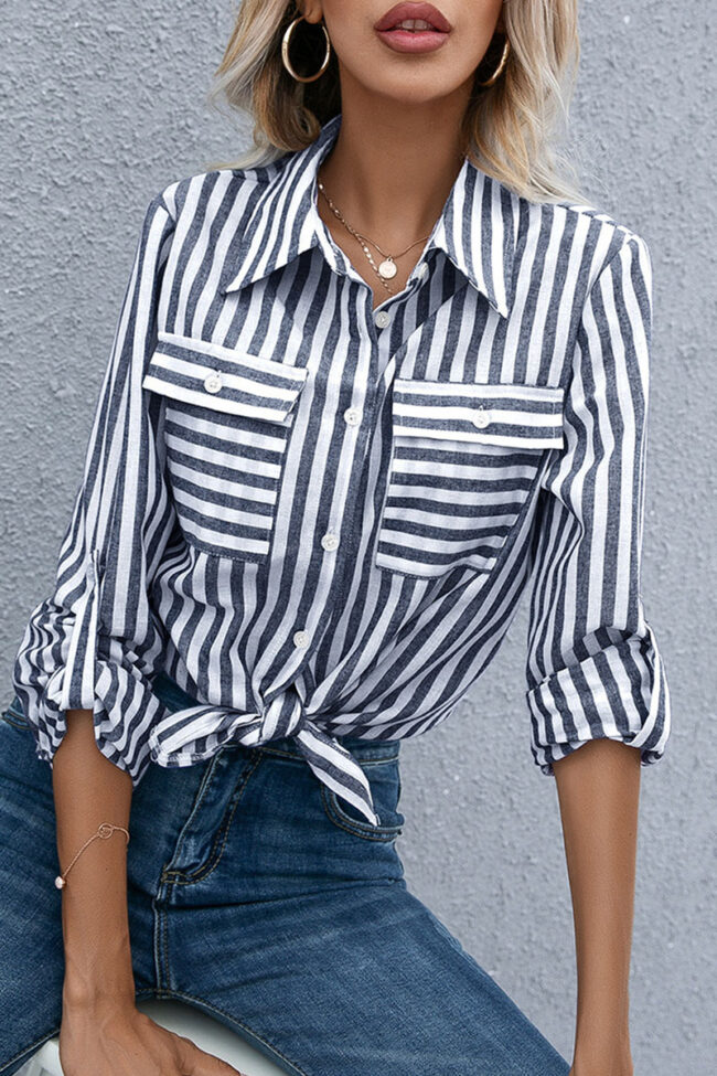 Fashion Casual Striped Split Joint Turndown Collar Tops