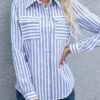 Fashion Casual Striped Split Joint Turndown Collar Tops