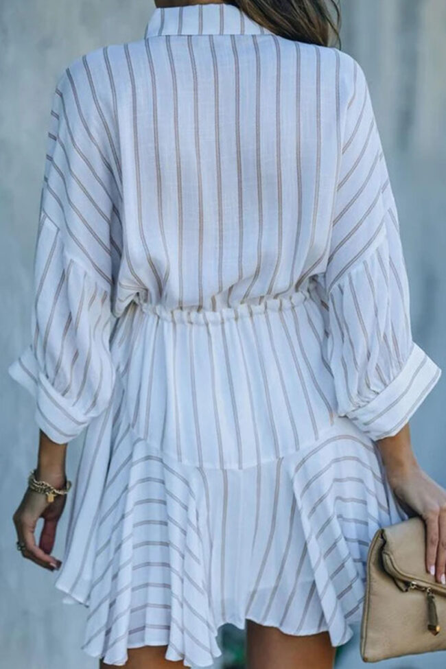 Casual Striped Split Joint Turndown Collar Waist Skirt Dresses