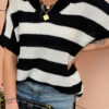 Fashion Casual Striped Split Joint V Neck Tops