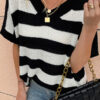 Fashion Casual Striped Split Joint V Neck Tops