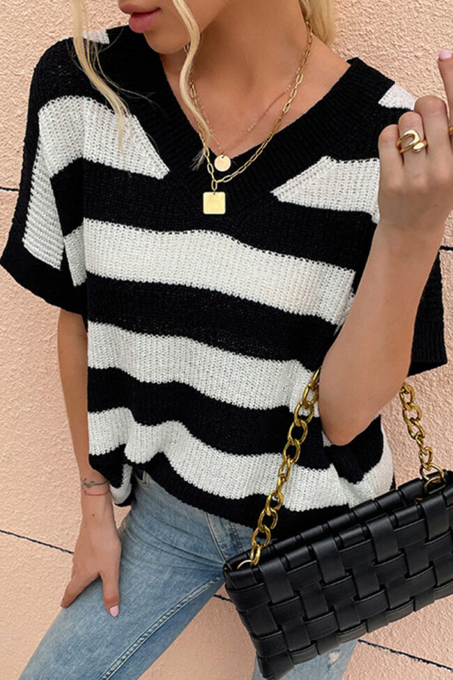 Fashion Casual Striped Split Joint V Neck Tops