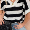 Fashion Casual Striped Split Joint V Neck Tops