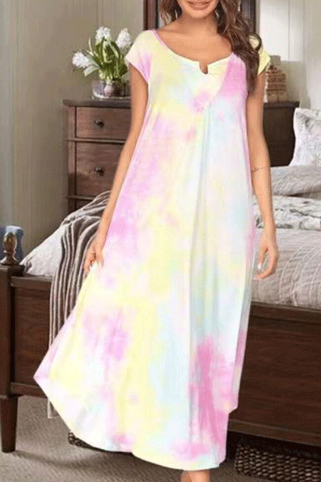 Fashion Casual Tie Dye Split Joint O Neck A Line Dresses