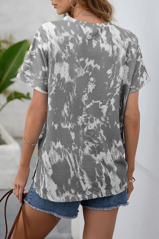 Fashion Casual Tie Dye Split Joint V Neck T-Shirts