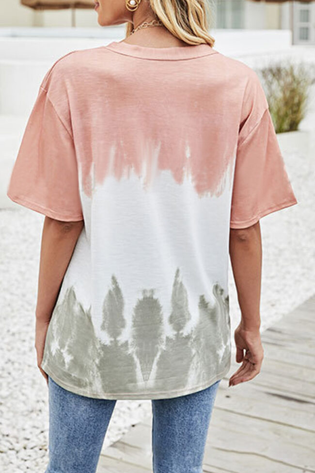 Fashion Casual Tie Dye Split Joint V Neck T-Shirts