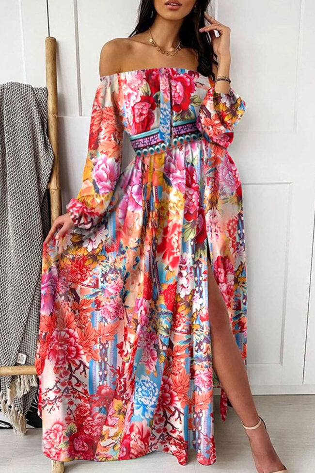 Fashion Street Print Split Joint Off the Shoulder A Line Dresses