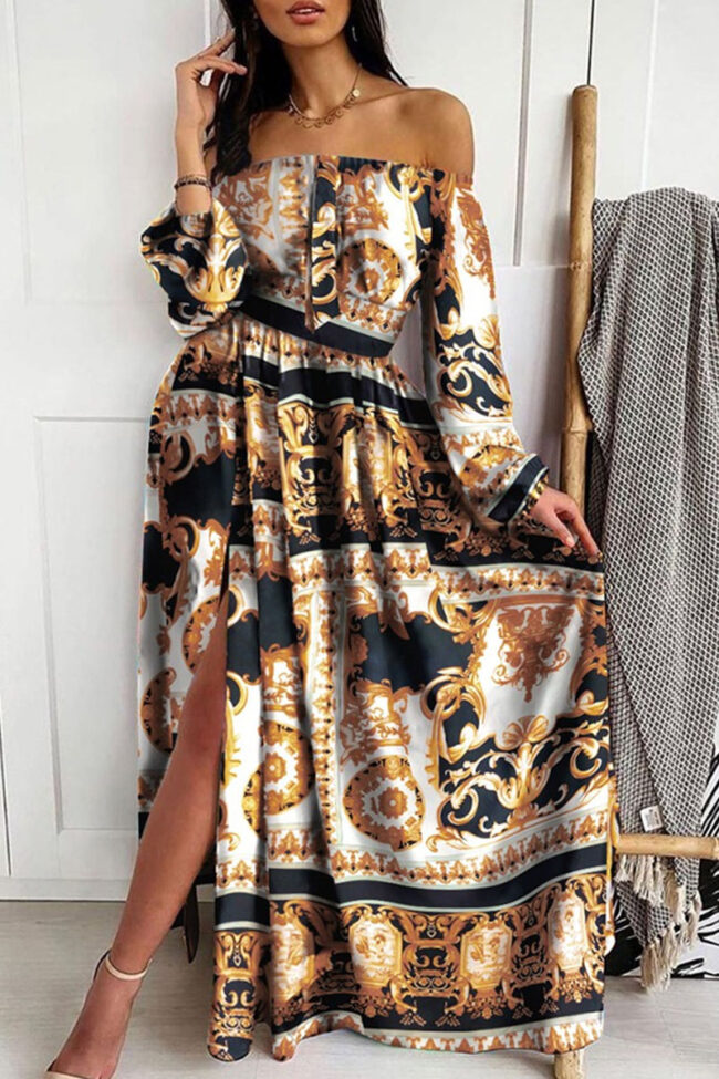 Fashion Street Print Split Joint Off the Shoulder A Line Dresses