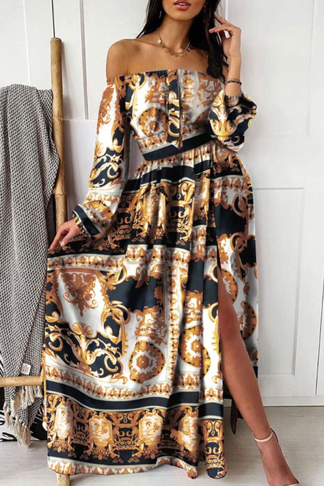 Fashion Street Print Split Joint Off the Shoulder A Line Dresses