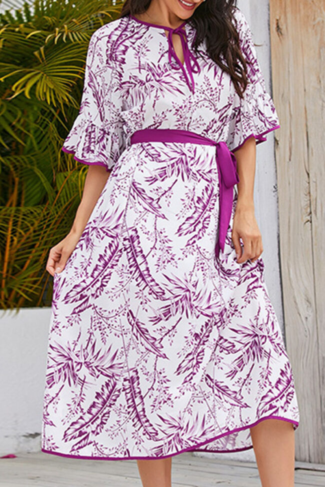 Fashion Street Print Split Joint V Neck A Line Dresses