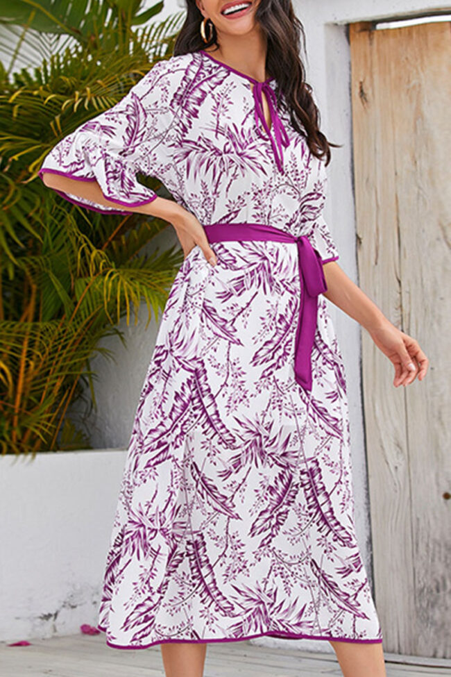 Fashion Street Print Split Joint V Neck A Line Dresses