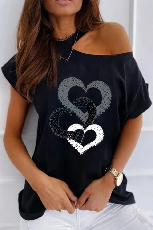 Fashion Sweet Print Split Joint O Neck T-Shirts