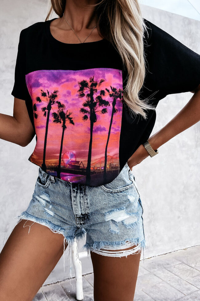 Fashion Sweet Print Split Joint O Neck T-Shirts