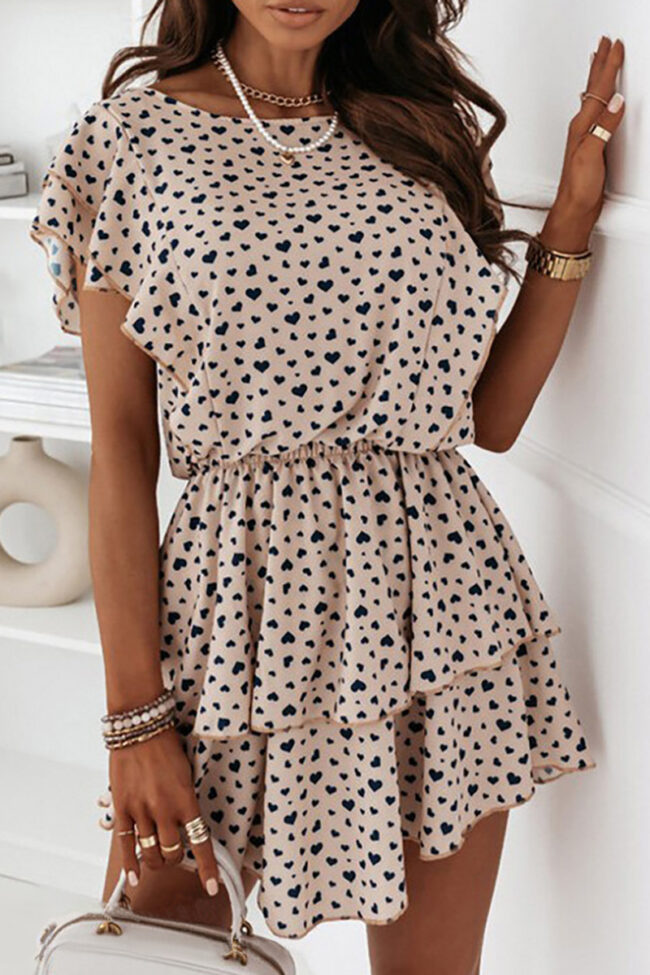 Fashion Sweet Print Split Joint O Neck Waist Skirt Dresses