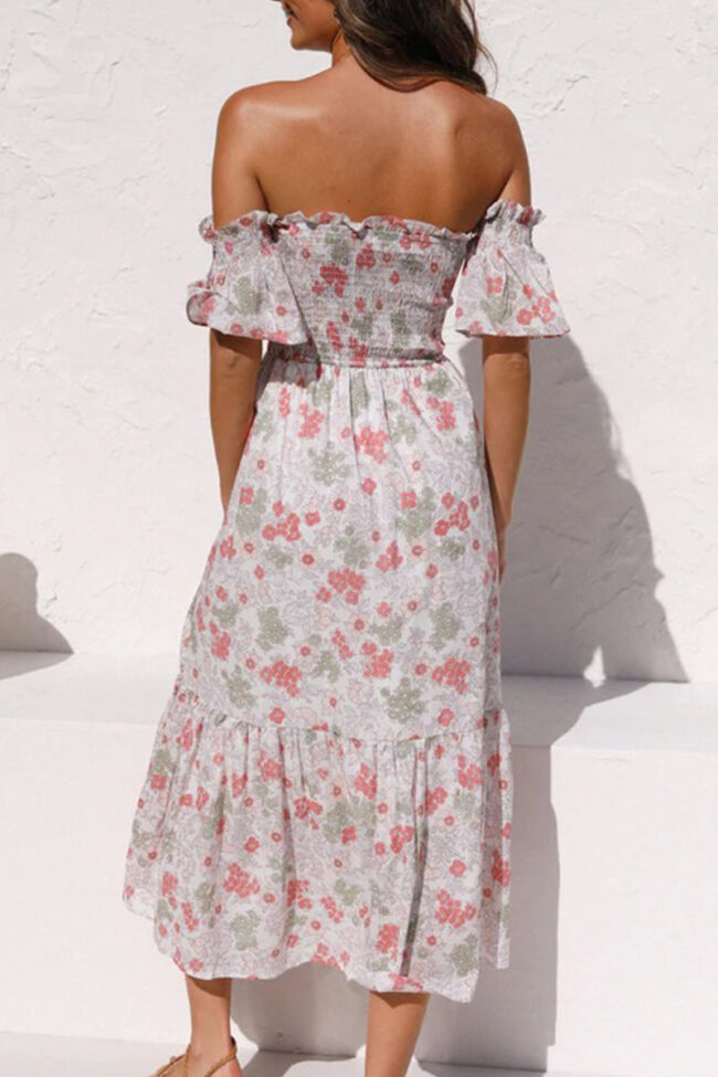 Fashion Sweet Print Split Joint Off the Shoulder A Line Dresses