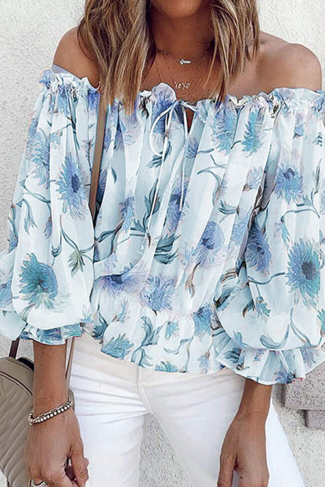 Fashion Sweet Print Split Joint Off the Shoulder Tops