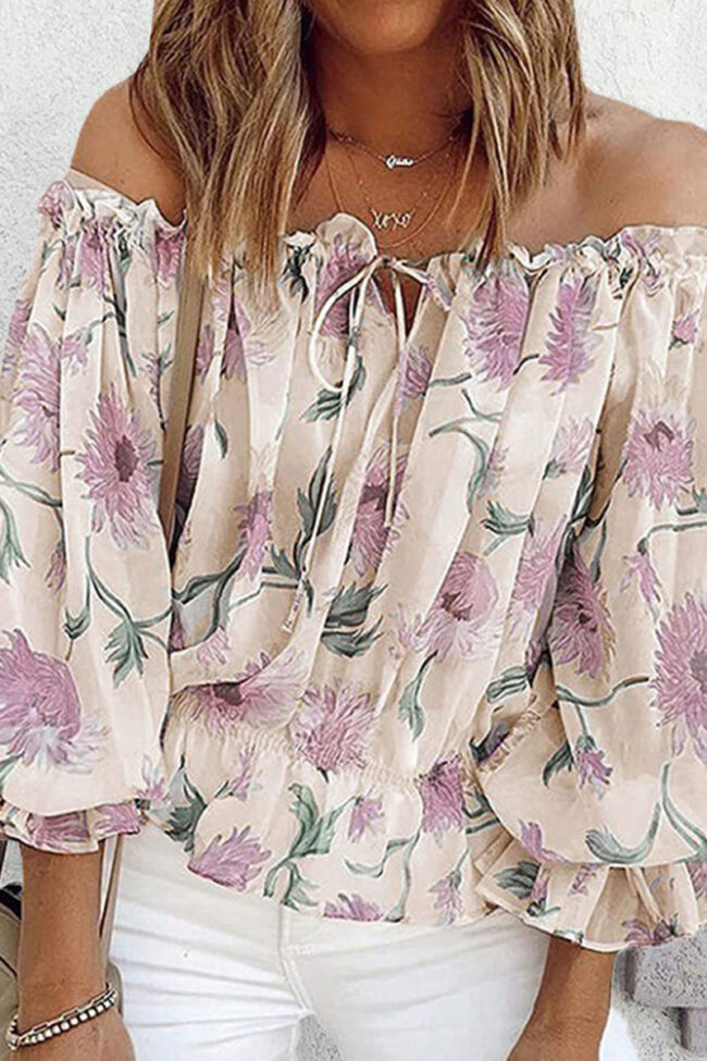 Fashion Sweet Print Split Joint Off the Shoulder Tops