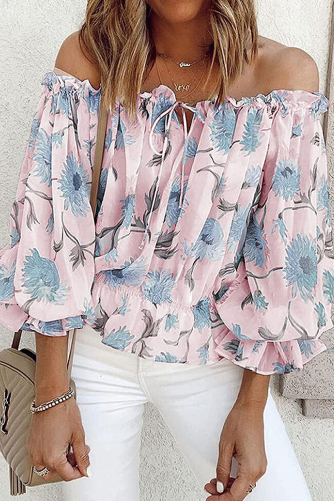 Fashion Sweet Print Split Joint Off the Shoulder Tops