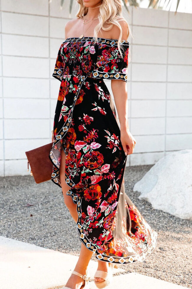 Street Print Split Joint Off the Shoulder Irregular Dresses