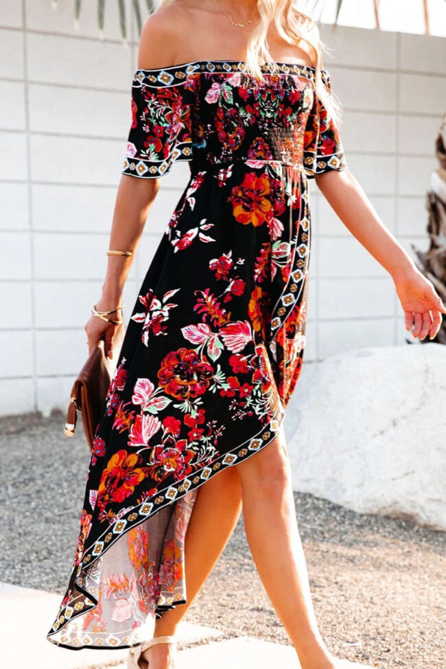 Street Print Split Joint Off the Shoulder Irregular Dresses