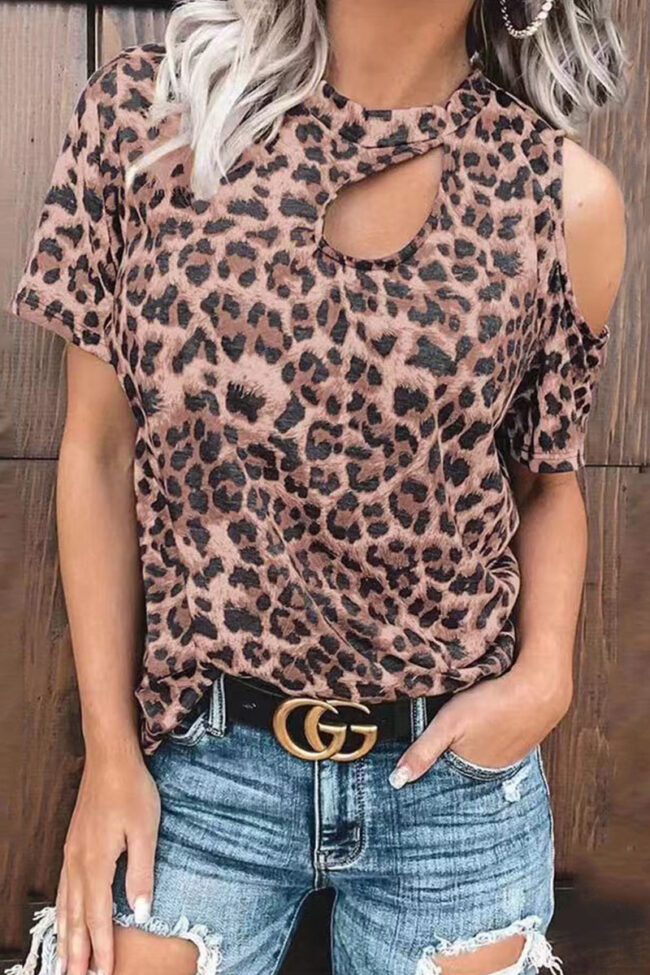 Fashion Street Leopard Hollowed Out O Neck T-Shirts