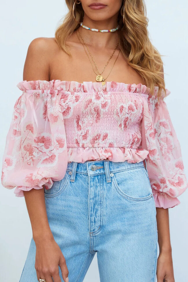 Fashion Street Print Split Joint Off the Shoulder Tops