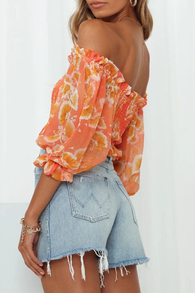 Fashion Street Print Split Joint Off the Shoulder Tops