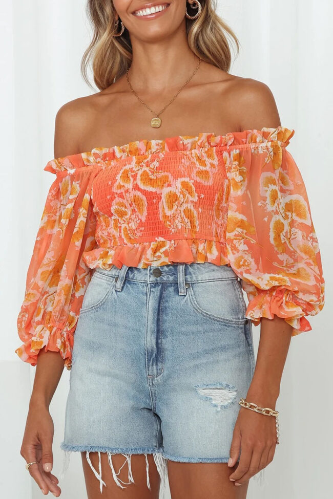 Fashion Street Print Split Joint Off the Shoulder Tops