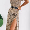 Fashion Street Leopard Slit Square Collar Waist Skirt Dresses