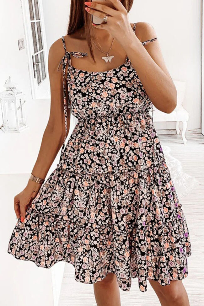 Fashion Sweet Print Split Joint Spaghetti Strap A Line Dresses