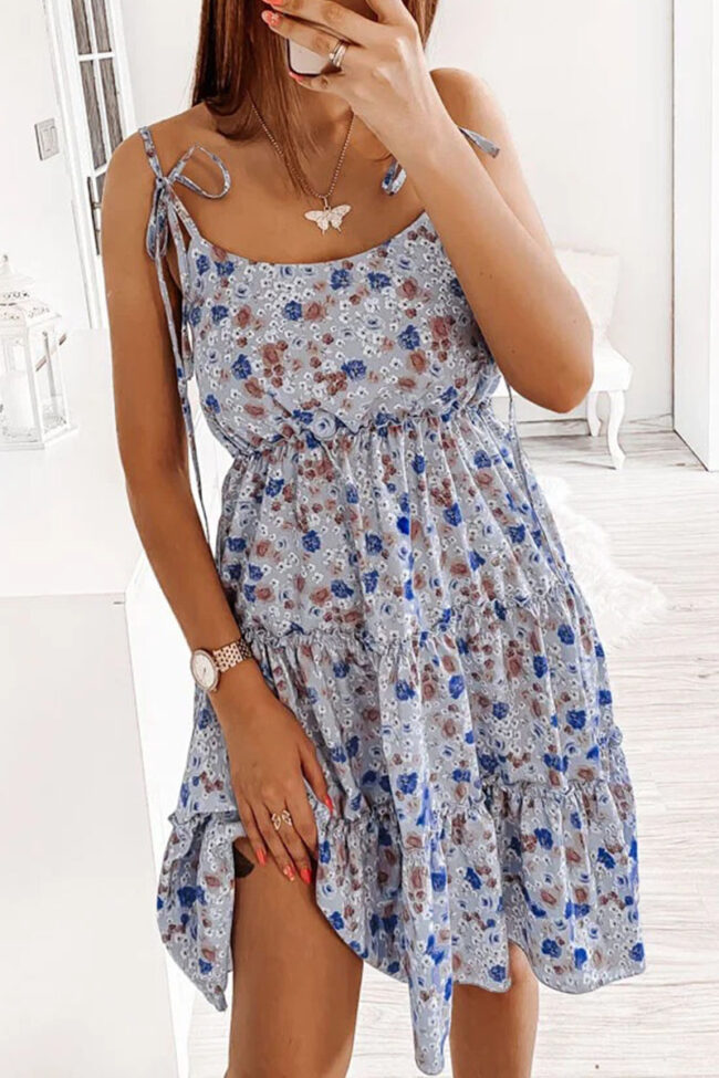 Fashion Sweet Print Split Joint Spaghetti Strap A Line Dresses