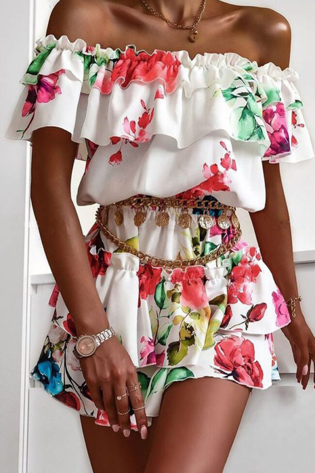 Street Print Split Joint Off the Shoulder Waist Skirt Dresses