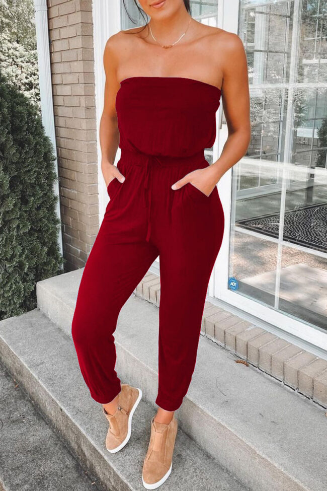 Fashion Street Solid Split Joint Strapless Jumpsuits