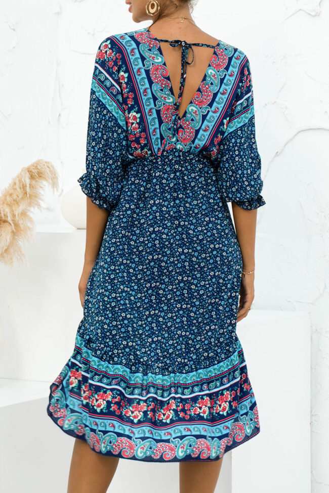 Fashion Street Print Split Joint V Neck Irregular Dresses