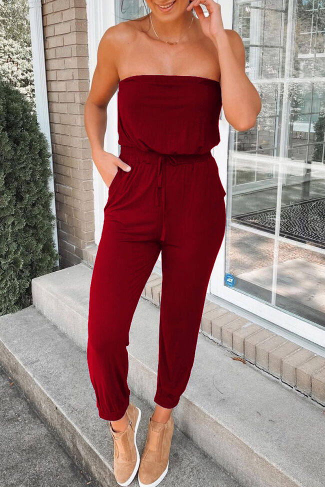 Fashion Street Solid Split Joint Strapless Jumpsuits