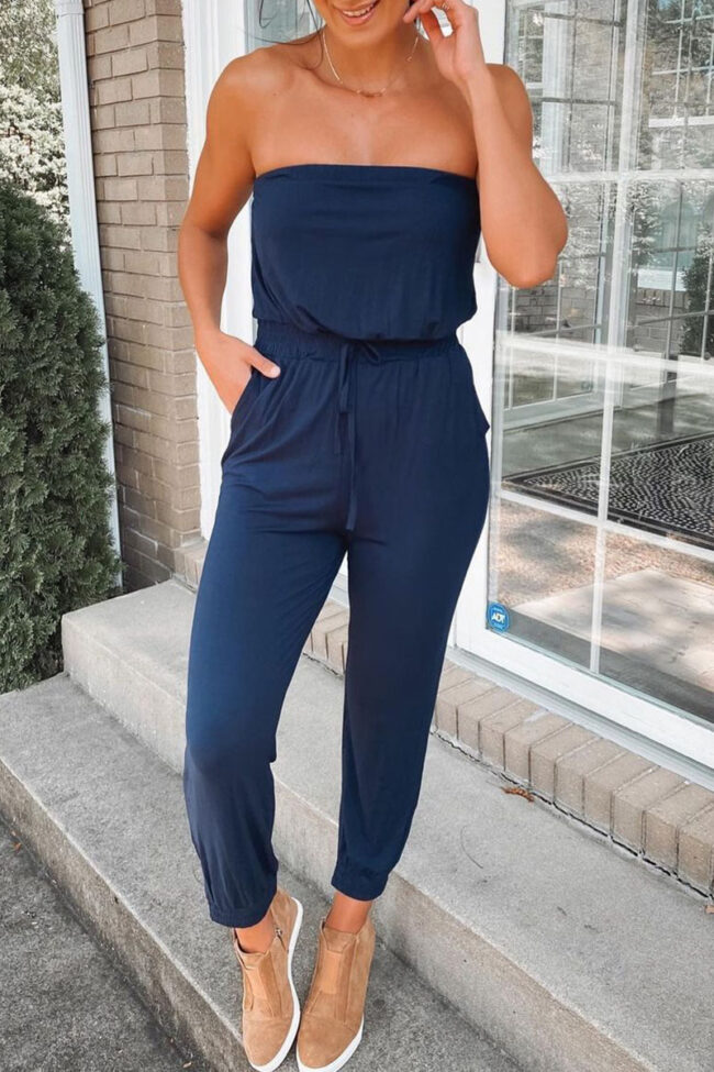 Fashion Street Solid Split Joint Strapless Jumpsuits