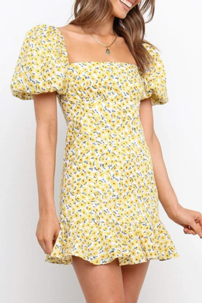 Fashion Sweet Print Split Joint Square Collar A Line Dresses