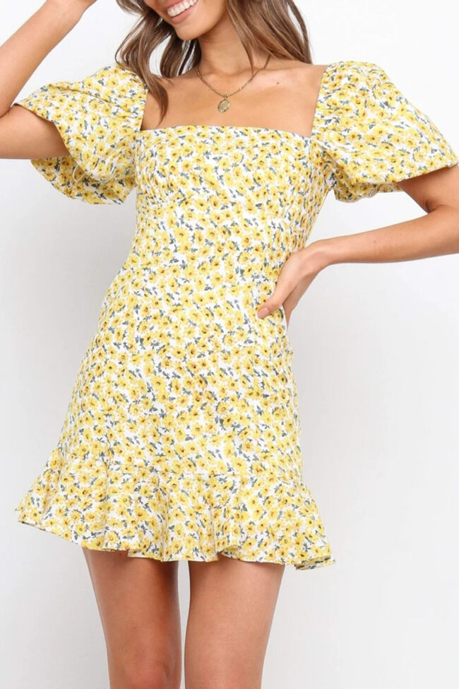 Fashion Sweet Print Split Joint Square Collar A Line Dresses