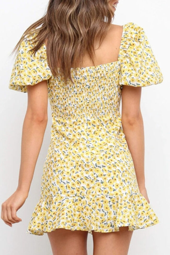 Fashion Sweet Print Split Joint Square Collar A Line Dresses