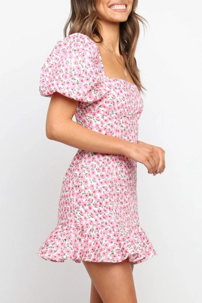 Fashion Sweet Print Split Joint Square Collar A Line Dresses