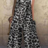 Street Leopard Split Joint Spaghetti Strap Loose Jumpsuits