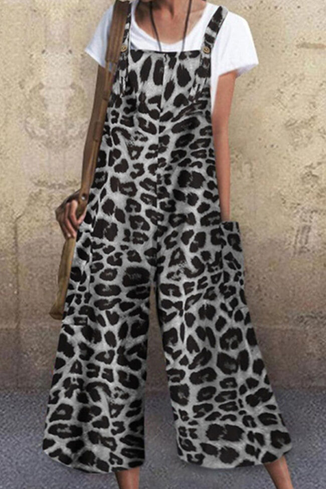 Street Leopard Split Joint Spaghetti Strap Loose Jumpsuits