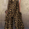 Street Leopard Split Joint Spaghetti Strap Loose Jumpsuits