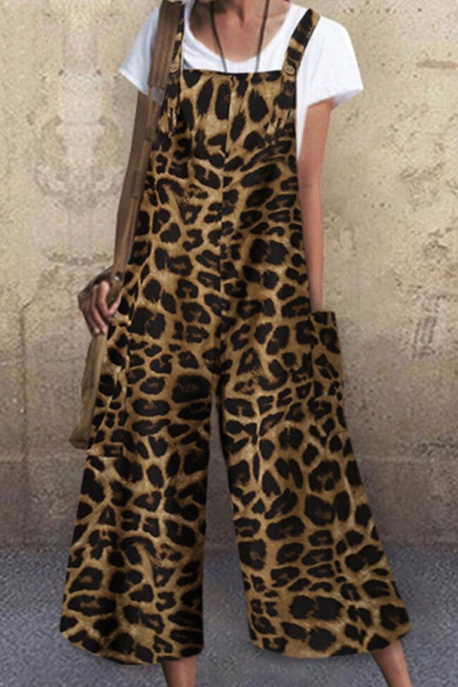 Street Leopard Split Joint Spaghetti Strap Loose Jumpsuits