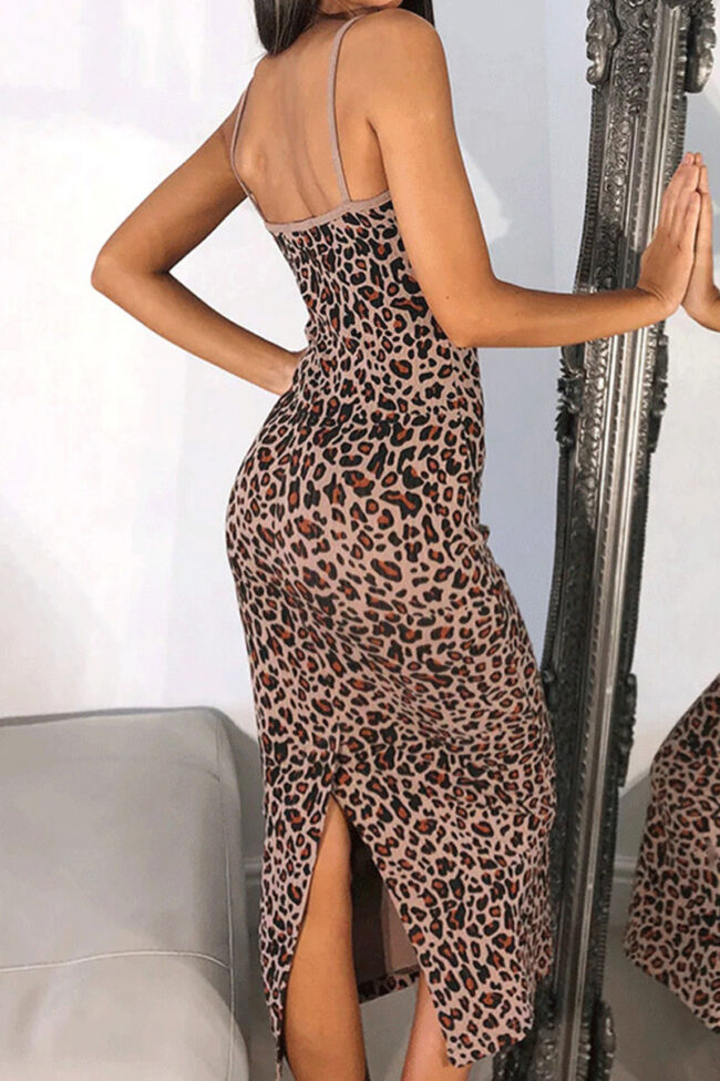 Street Leopard Split Joint Spaghetti Strap Pencil Skirt Dresses
