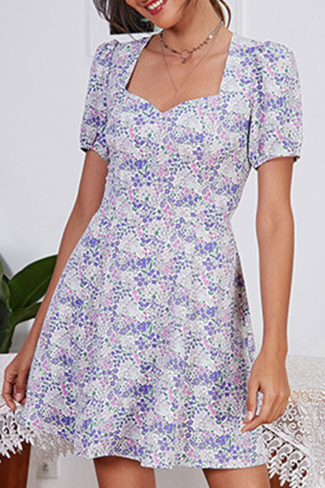 Fashion Sweet Print Split Joint Square Collar A Line Dresses